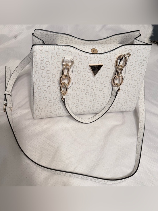 Guess Handbags - Guess White Monogram Shoulder Bag with Gold Chain Details